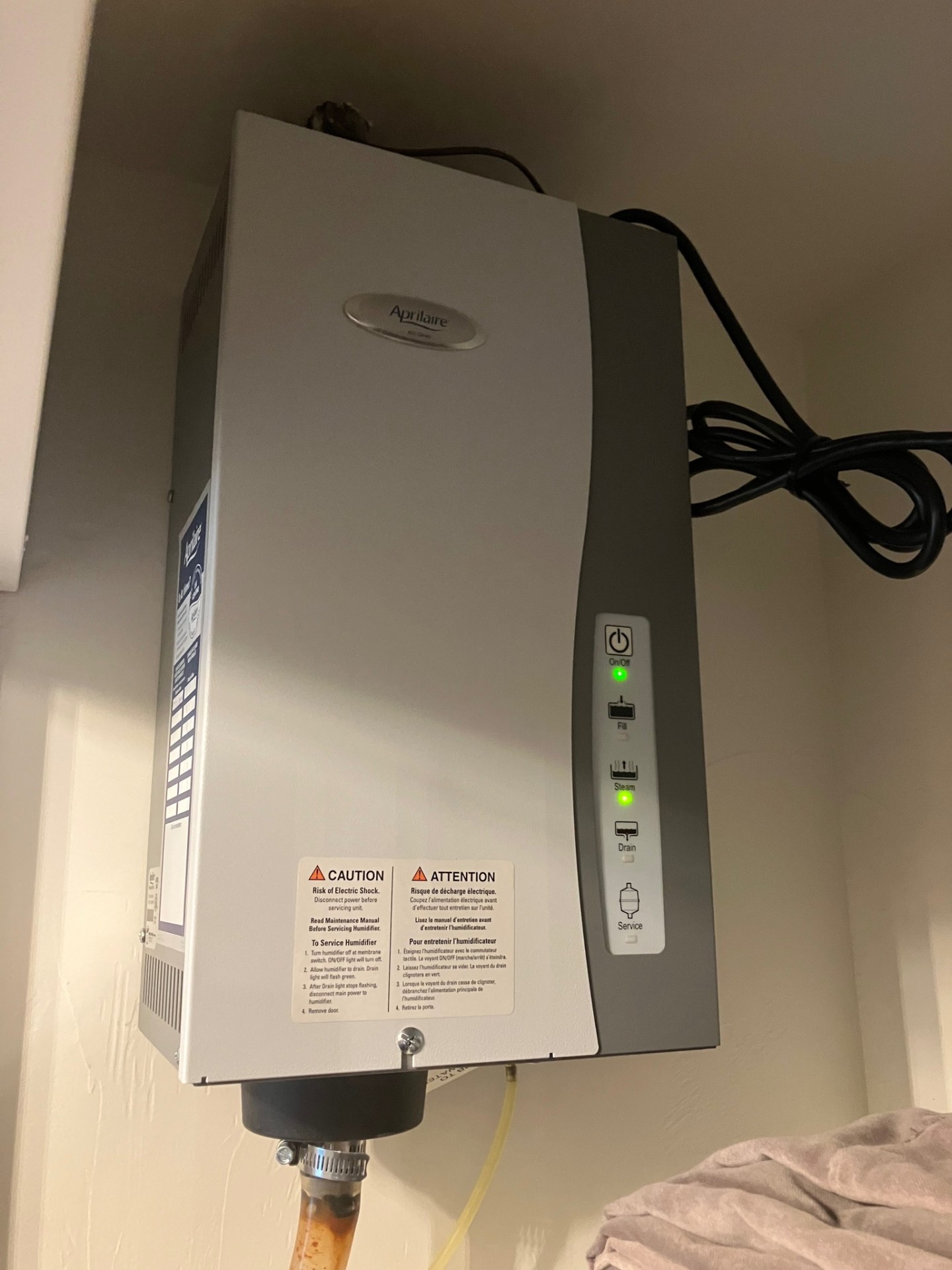 Aprilaire whole-home humidifier installed on HVAC system
